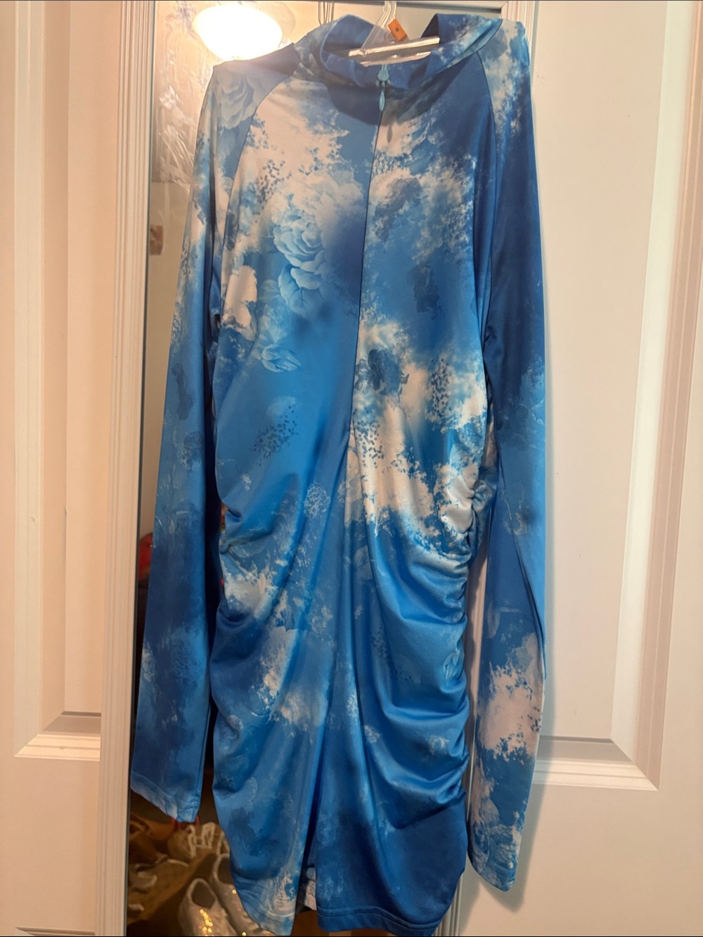 SHEIN Blue & White Ruched Long Sleeve Jumpsuit